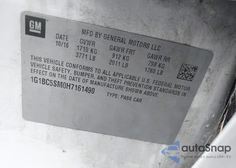 2017 Chevrolet Cruze Ls Auto из США, поврежденный, VIN 1G1BC5SM0H7161490